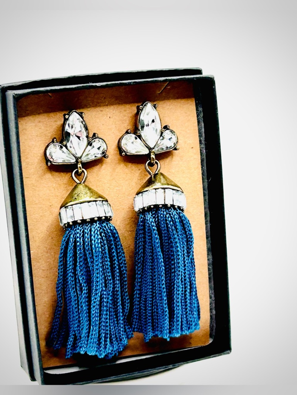 Chunky Jewel tone Rhinestone Fleur-De-Lis Teal Tassel Dangle Statement Earrings